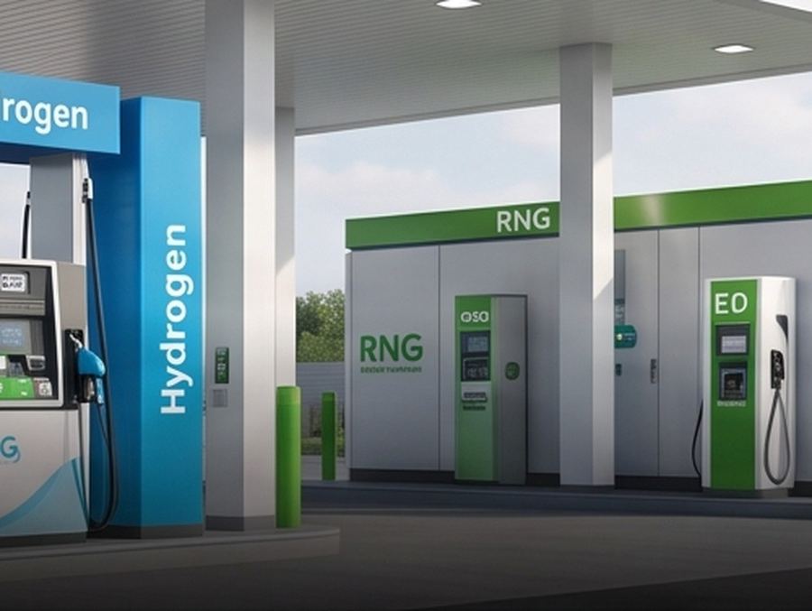 Illustration detail of dispenser islands and canopy columns at a multi-fuel forecourt