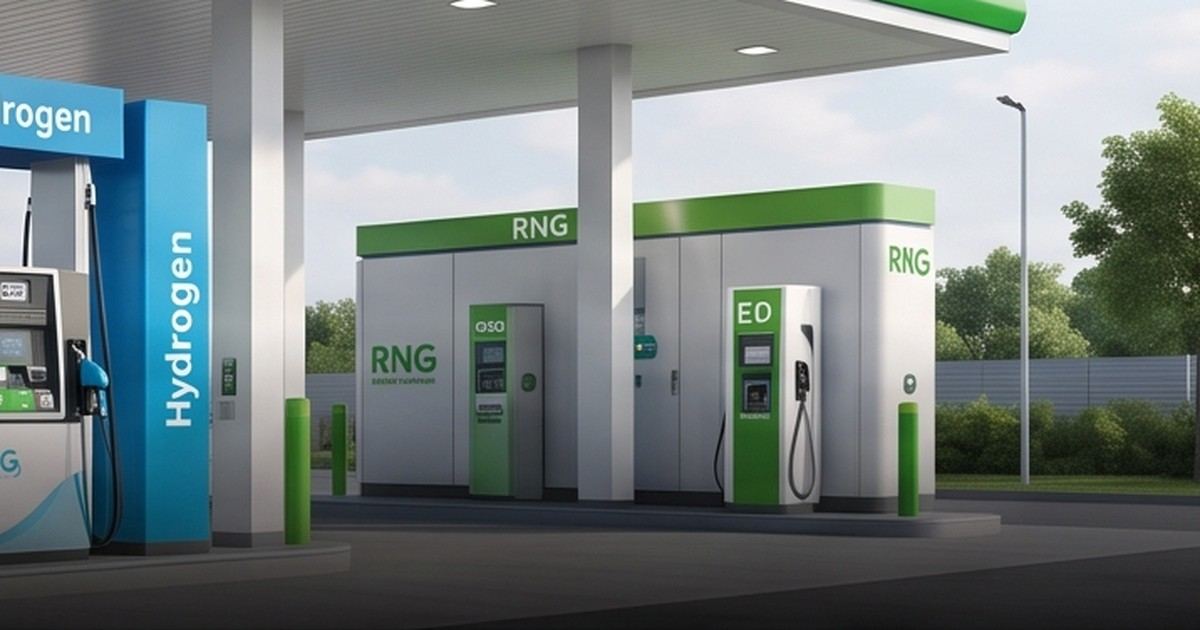 Illustration of a modern multi-fuel forecourt with hydrogen, renewable natural gas and EV charging dispensers under a canopy