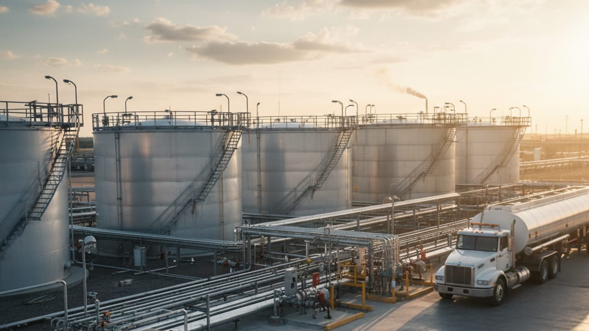 Row of aboveground bulk storage tanks with connecting pipe runs and access stairways at sunset