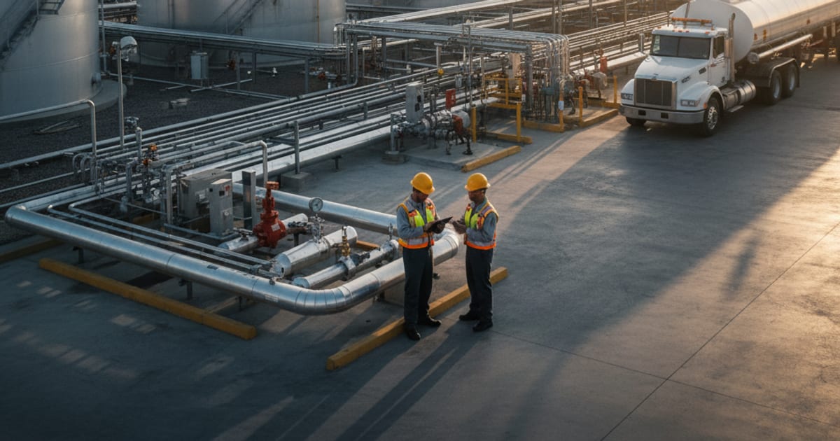 Two workers in hard hats and high visibility vests reviewing a checklist beside fuel piping, with a tanker truck parked at a bulk storage terminal