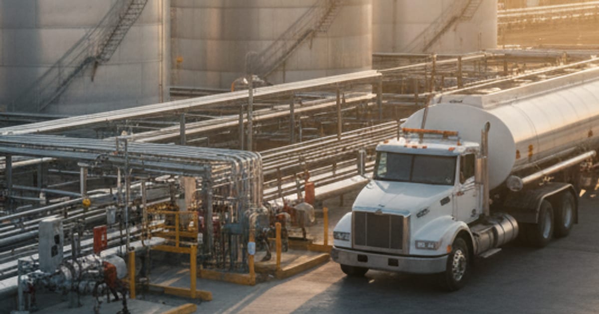 Tanker truck parked at a fuel loading rack beside storage tanks and pipe runs