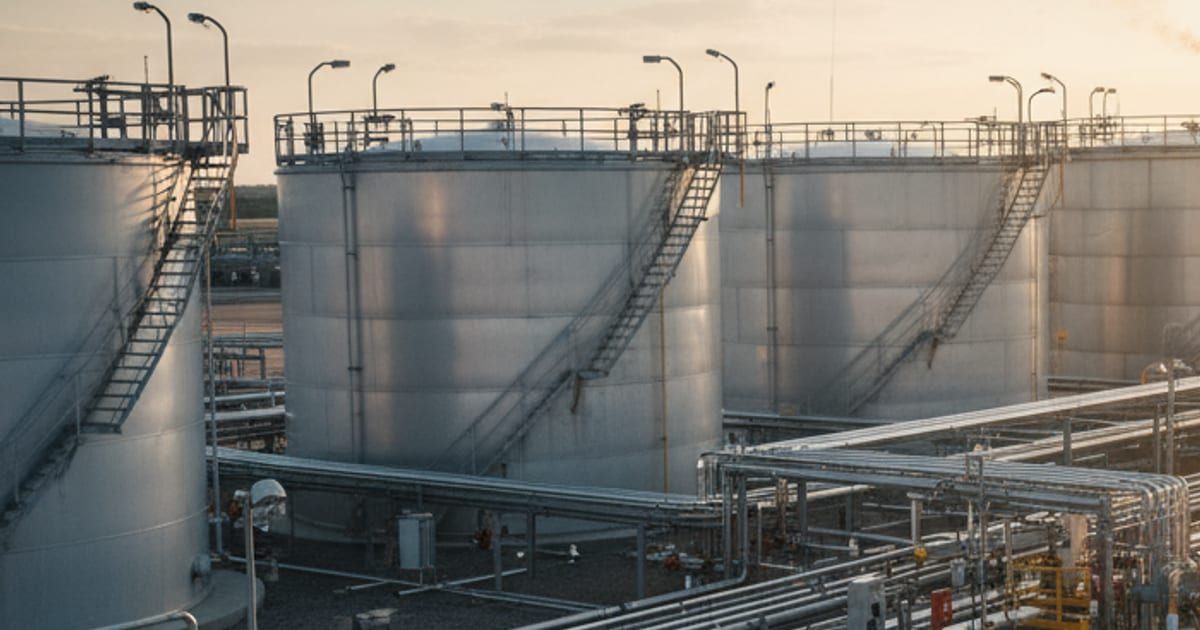 Row of aboveground bulk storage tanks with external stairways and connecting pipe runs at dusk